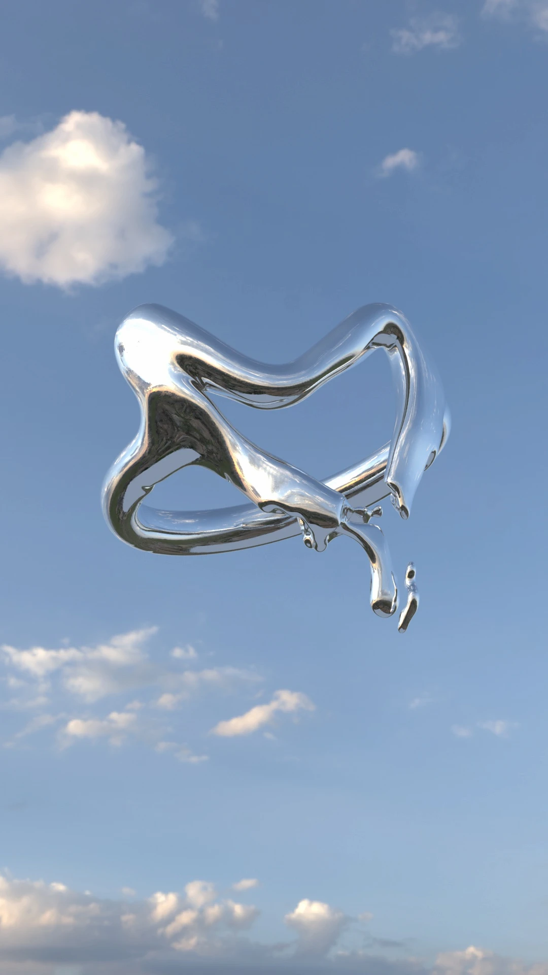A silver blob made of liquid floating in the sky